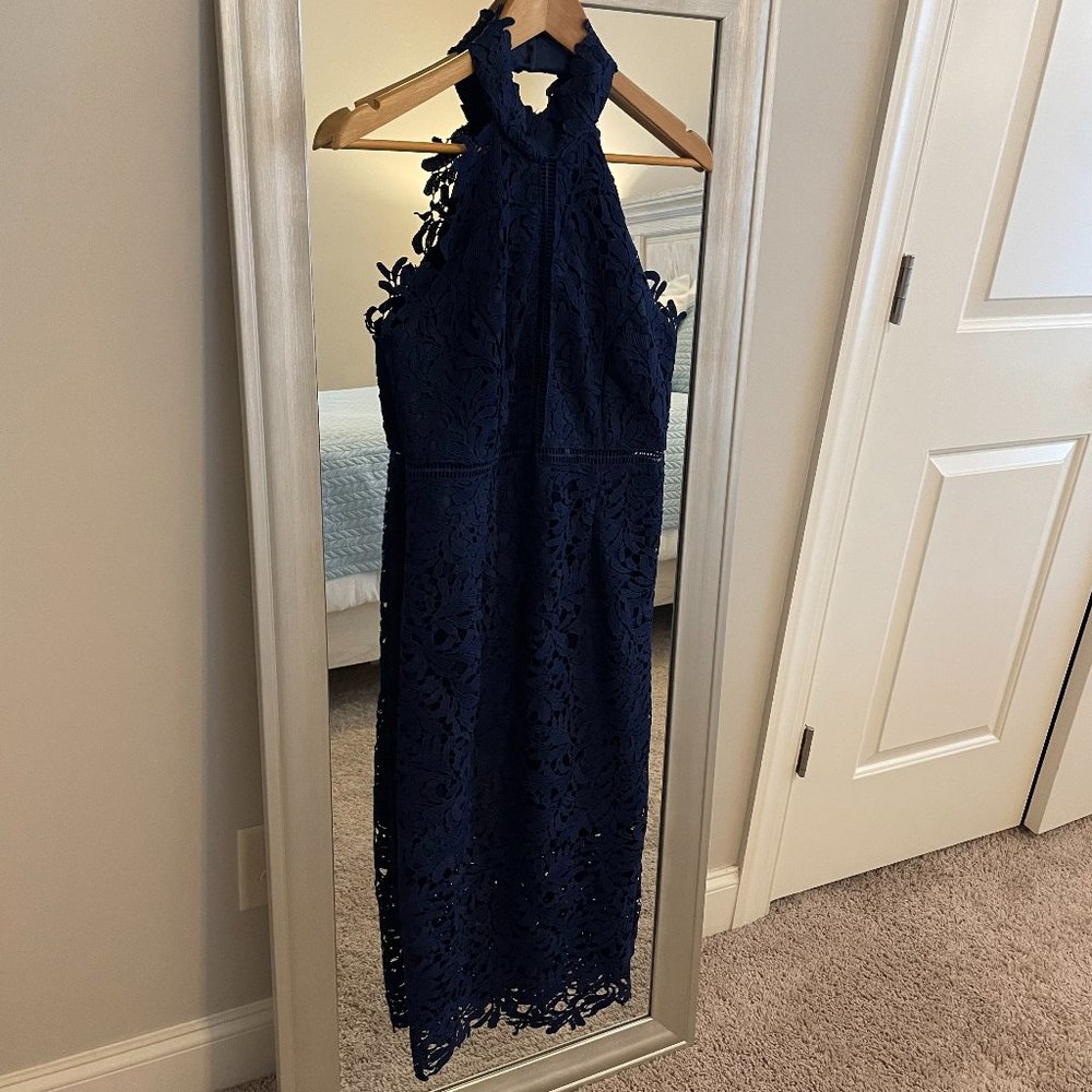 Mika Ladies Navy Blue Halter top Neck Lace Midi Dress Size L